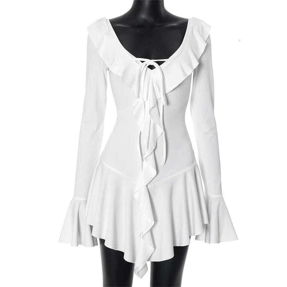 Ruffled Lace-Up White Mini Women's V-Neck Patchwork Long Sleeve Sexy Slim Bandage Elegant Female Summer Dress
