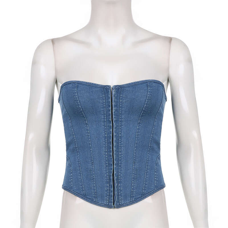 Summer Women's Hot Girl Solid Color Single Breasted Irregular One Lined Cowboy Waist And Chest B5
