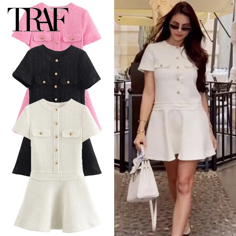 TRAF Womens Dress Mini Textured Dresses Summer Elegant Solid Button Short Sleeve Vestidos Fashion High Quality 066 250513