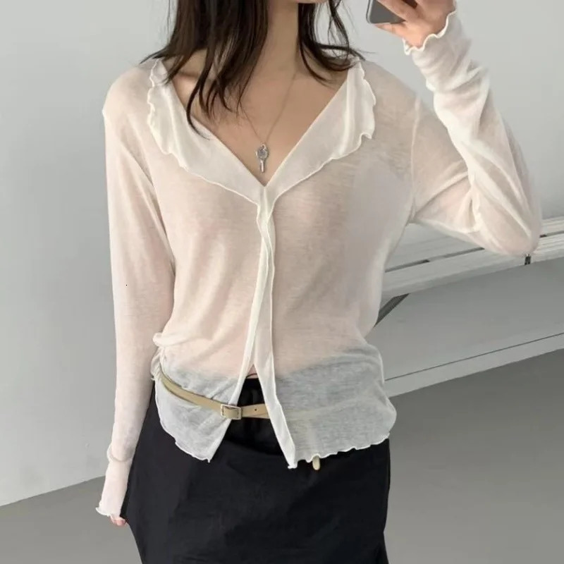 V Neck High Quality Plain T Shirt Women Elastic Basic Tshirts Female Casual Tops Long Sleeve Sexy Thin Tshirt See Through 250513