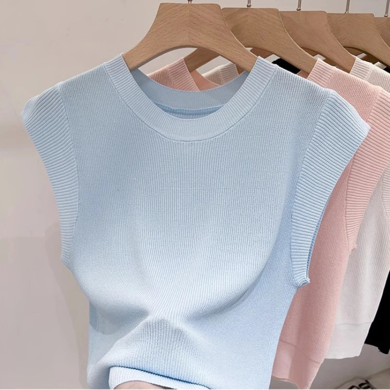 Korea Knitted Vests Women Top Solid Tank Blusas Mujer De Moda Summer Fashion Female Sleeveless Casual Thin Tops 250513