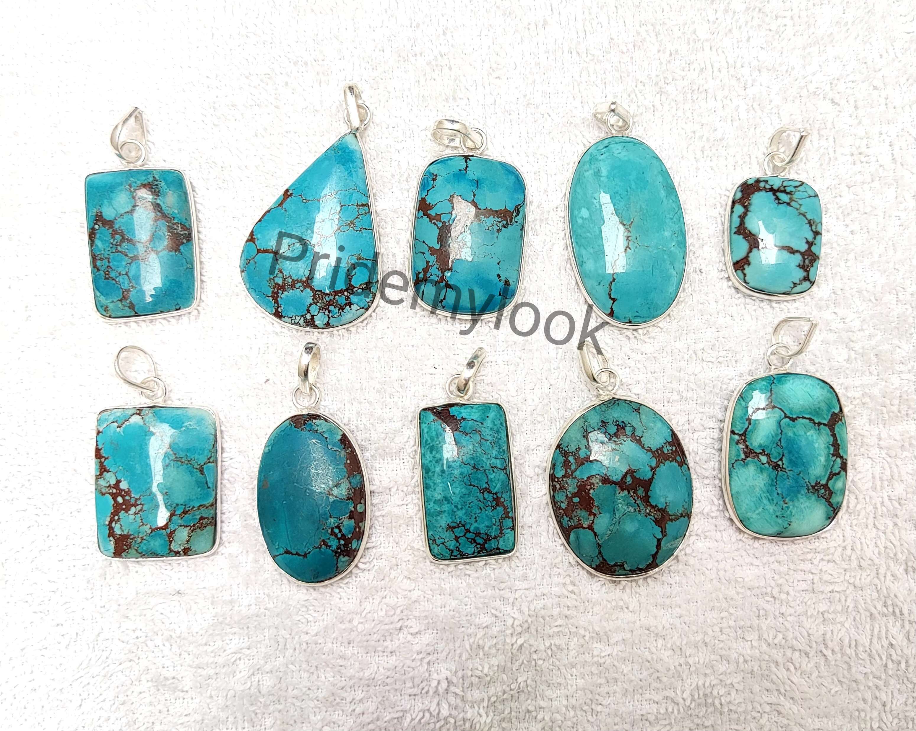 Natural magnesite turquoise inlaid pendant, sier plated necklace, mixed design, fashionable women's accessory