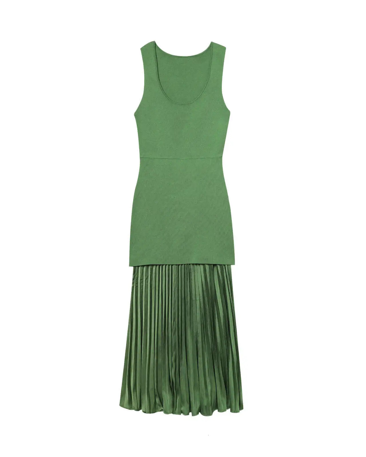 UNIZERA Fashion Simple Allmatch Knitted Pleated Splicing Sleeveless Round Neck Dress Womens Long 250513
