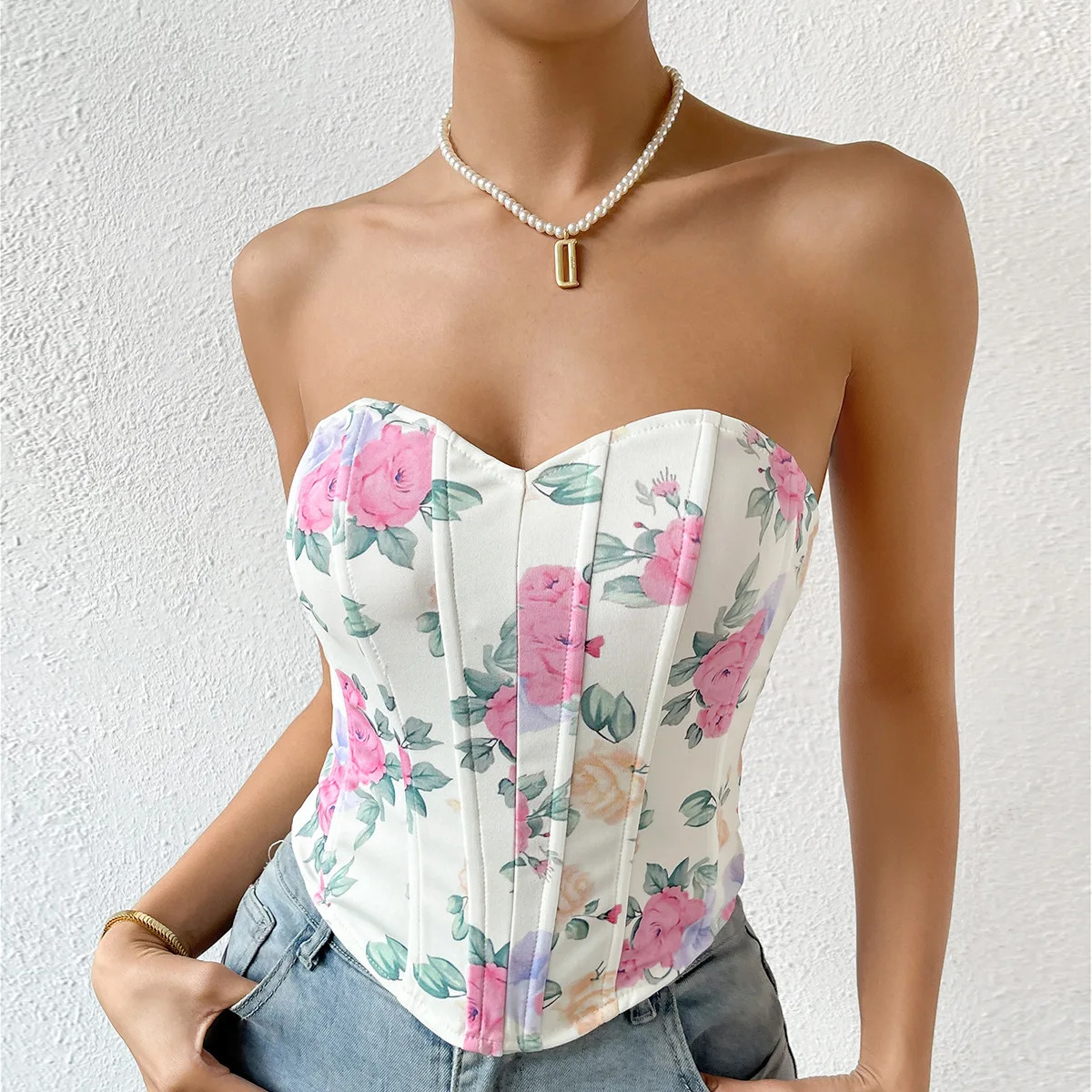 Women Floral Top Sexy Spicy Girl Tank Low cut Open Back Flower Wrapped Chest Diamond Fish Bone Strap Waist Vest 250513