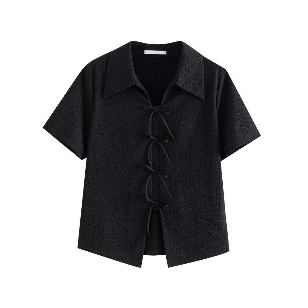 DUSHU Casual Elegant Chiffon Women Shirt Summer New Bow Commuting Short-Sleeved Black Top For Female 24DS82707