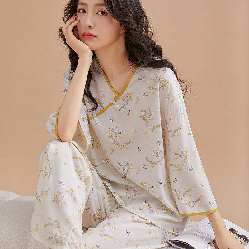 B879-Pajamas for women, spring, summer and autumn, new cotton silk buttoned three-quarter sleeve trousers, sweet American style home clothes suit