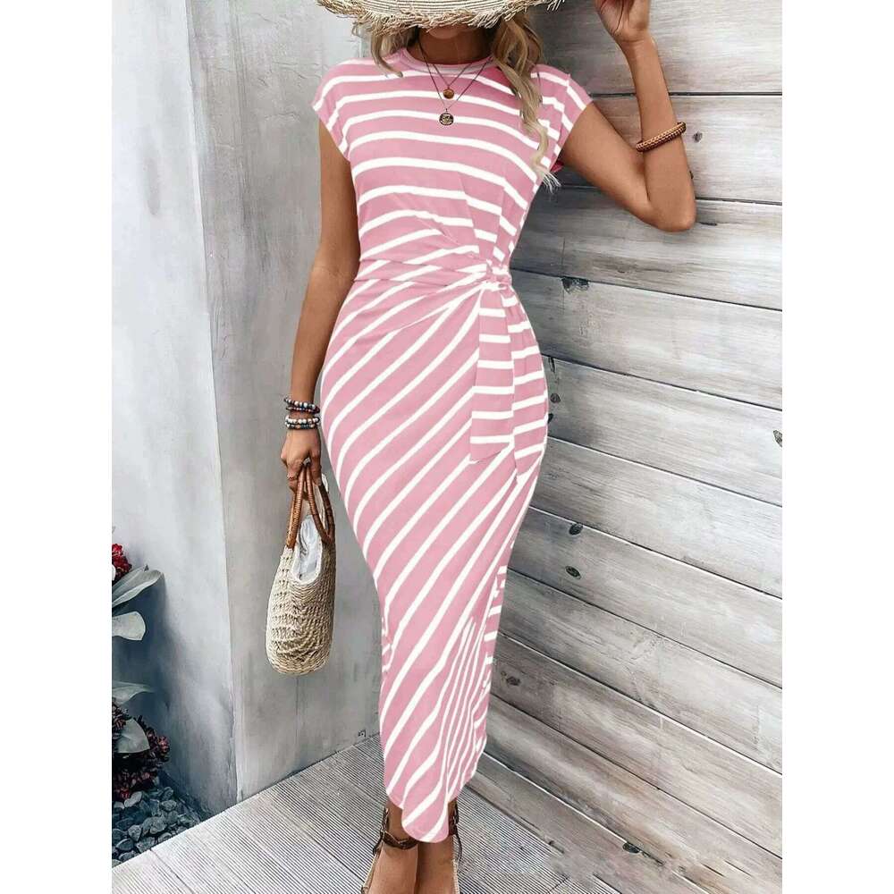 Women Clothes Dress Elegant Temperament Waist Strap Striped Round Neck Short Sleeved Long Dress Summer High End Women S Clothing KQ
