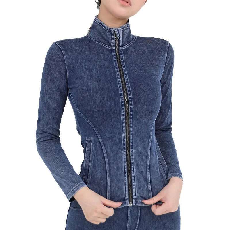 Denim Coat Womens Sports Running Yoga Slim Fit Full Zip Track Turtleneck Workout Jacket