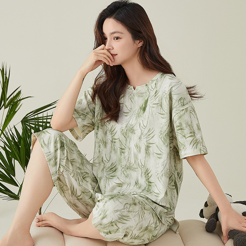 B875-Pure cotton pajamas women's summer new short-sleeved cropped pants suit casual fashion loose home clothes can be worn outside