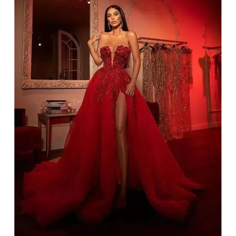 Arabic Aso Ebi Red Prom Dresses Lace Stylish Luxurious Beaded Crystals Sexy Evening Formal Party Second Reception Gowns Dress Custom Made Side Split