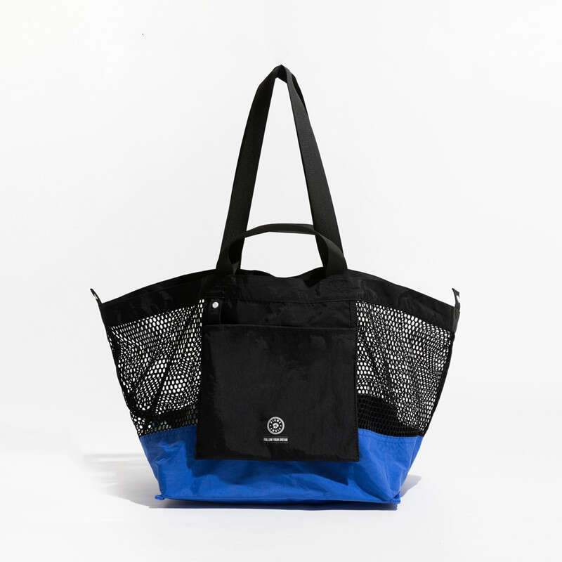 Summer dopamine color blocked mesh niche men's and women's single shoulder tote foldable storage large beach bag, 2025 new casual versatile 