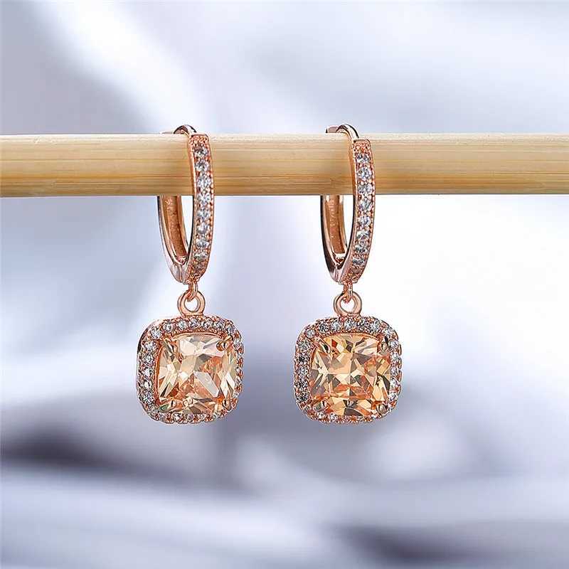 Dainty Female Rainbow Crystal Drop Earrings Rose Gold Silver Color Hoop Earrings Charm Bridal Square Wedding Earrings For Women Y250510