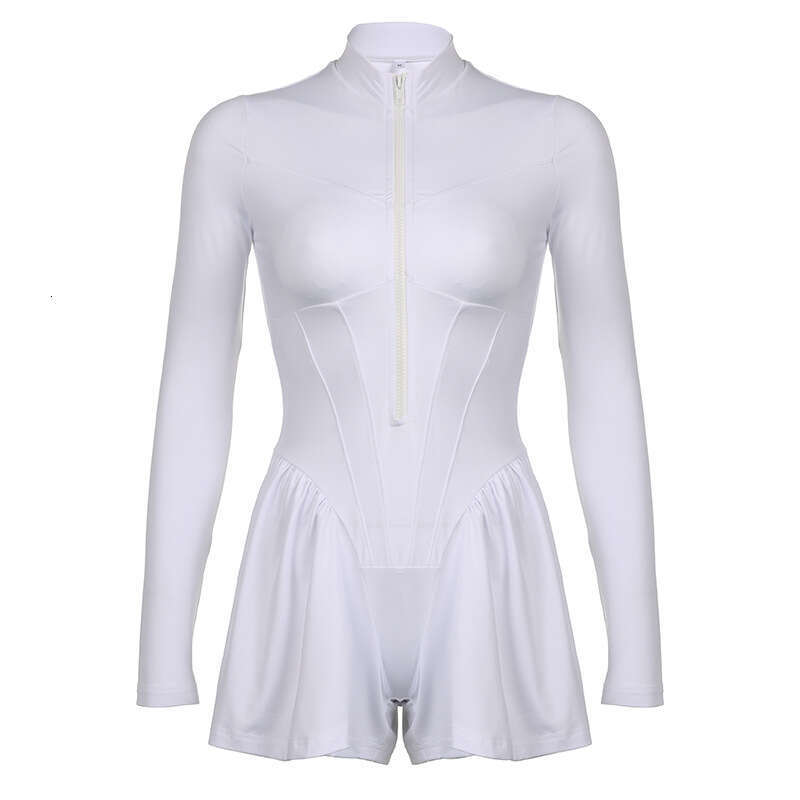 Fashionable Women's Solid Color Casual Sportswear, Zippered Plastic Waist Jumpsuit, Wide Leg Jumpsuit Shorts, Summer B5