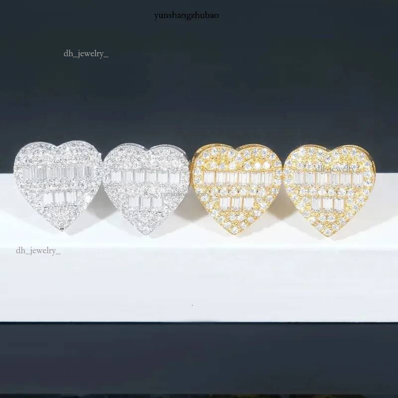 Yellow White Gold Plated Sterg Sier VVS Baguette Moissanite Heart Earrings Studs Nice Gift for Men Women