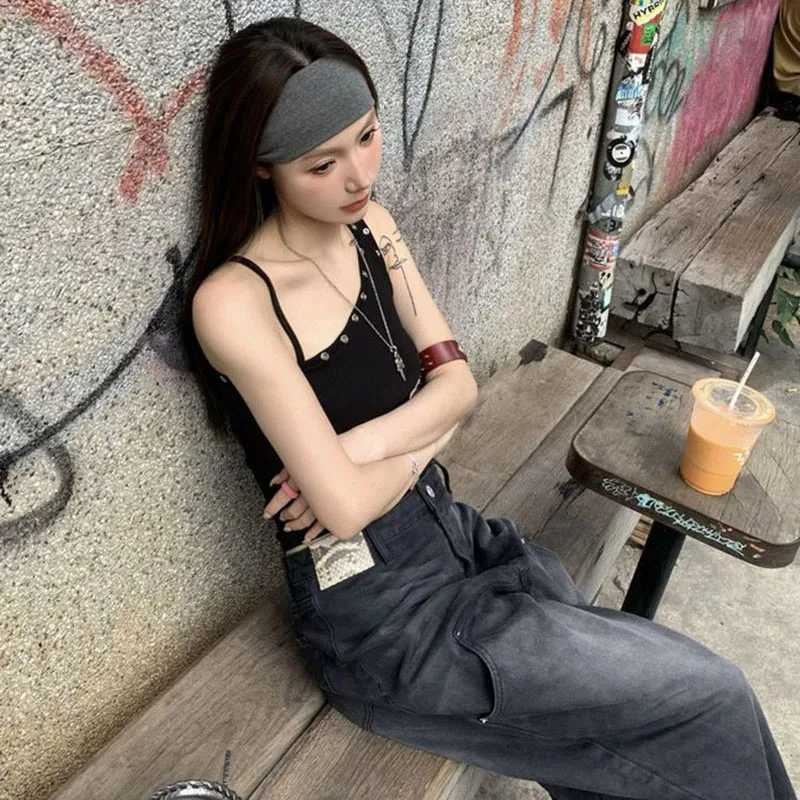 Lucyever Black Sexy One Shoulder Vest Tops Women Streetwear Ribbed Sleeveless Slim Fit Tank Female Y2K Grunge Punk Crop Tops M250513
