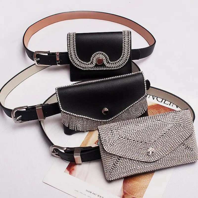 Glitter Full Dia Waist New Fashion Dark Buckle Pu Leather Pockets Belt Ladies Dual-use Three Optional Tide Bag 729