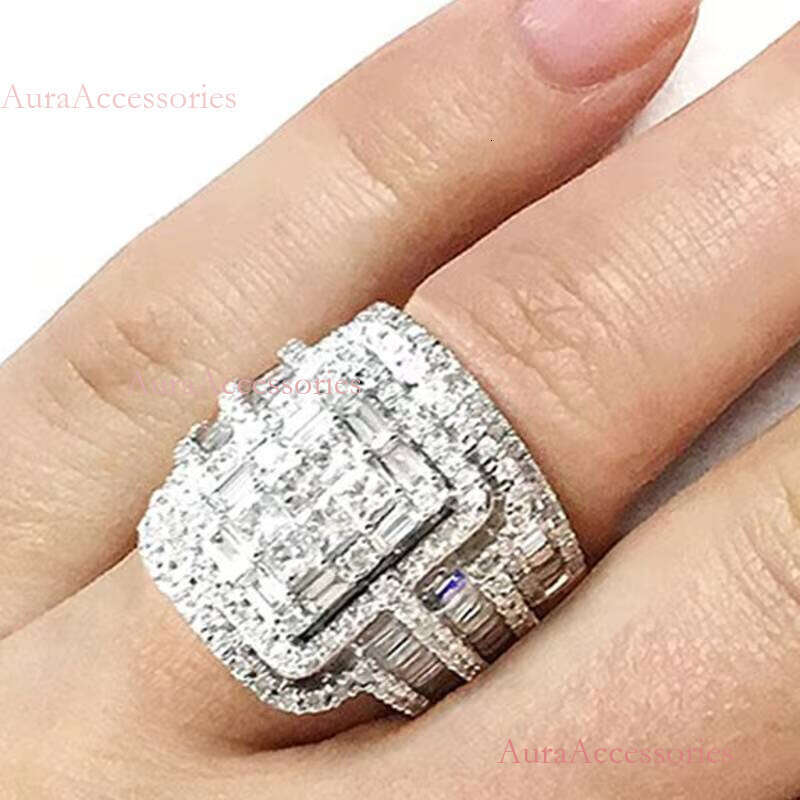 Bride Bague Zircon Full Rectangle Wedding Glitter Rings Women Sier Couple Ring Set