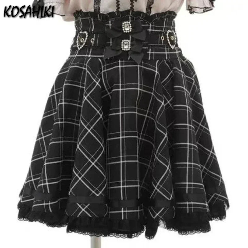 Y2k Aesthetic Sweet Girl High Waist Mini Lace Patchwork Skirt Slim Women Plaid Streetwear Gothic Jk Saia Feminina Harajuku Jupe 250513