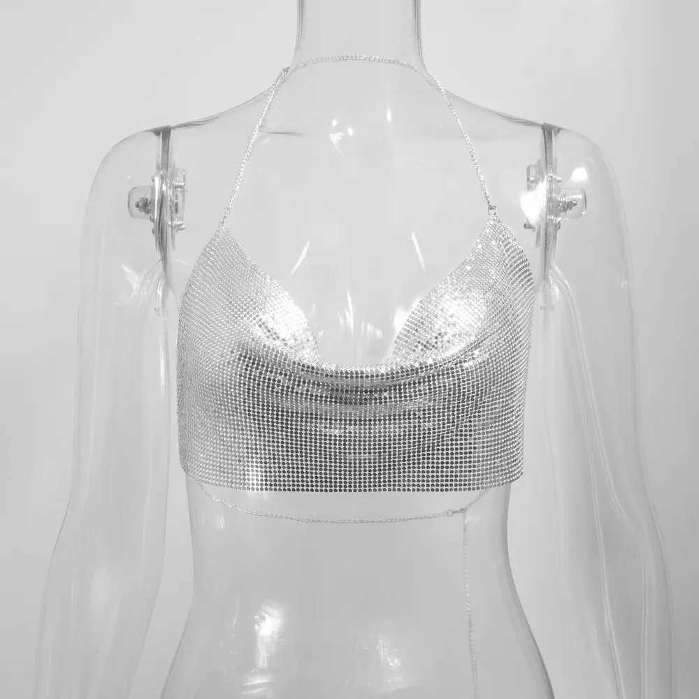Sexy Summer Sequin Metal Crop Tops Suspenders Halter Backless Night Club Tank Top New Women Clothing Fashion Y2k Tops M250513