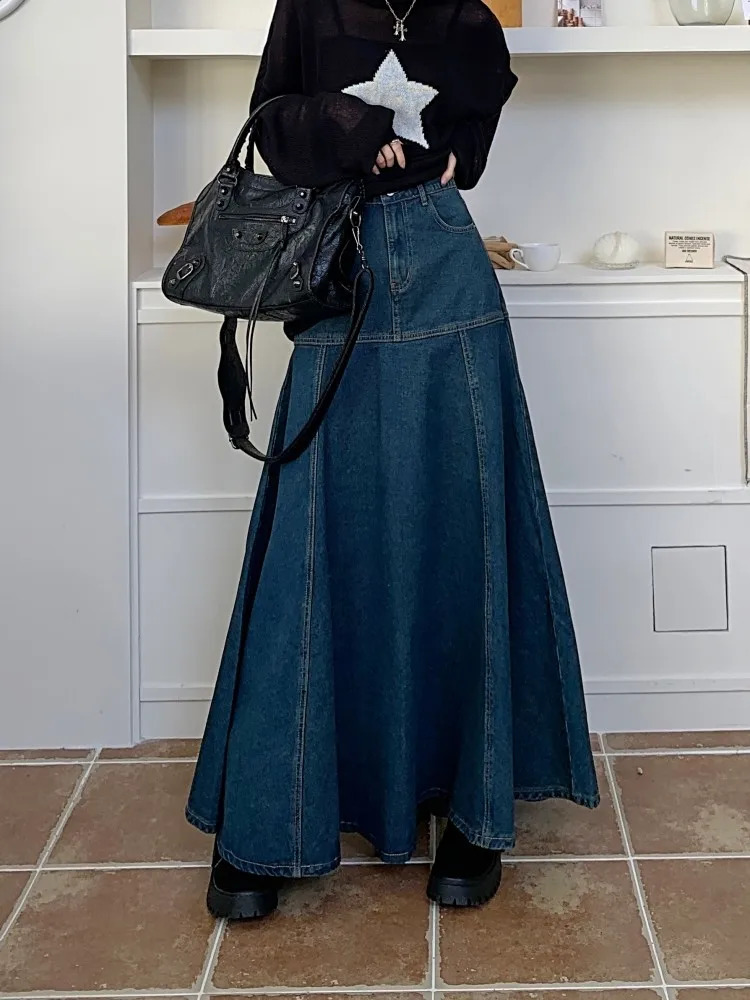 GUUZYUVIZ Long High Waist Versatile Fishtail Denim Skirt Woman 250513