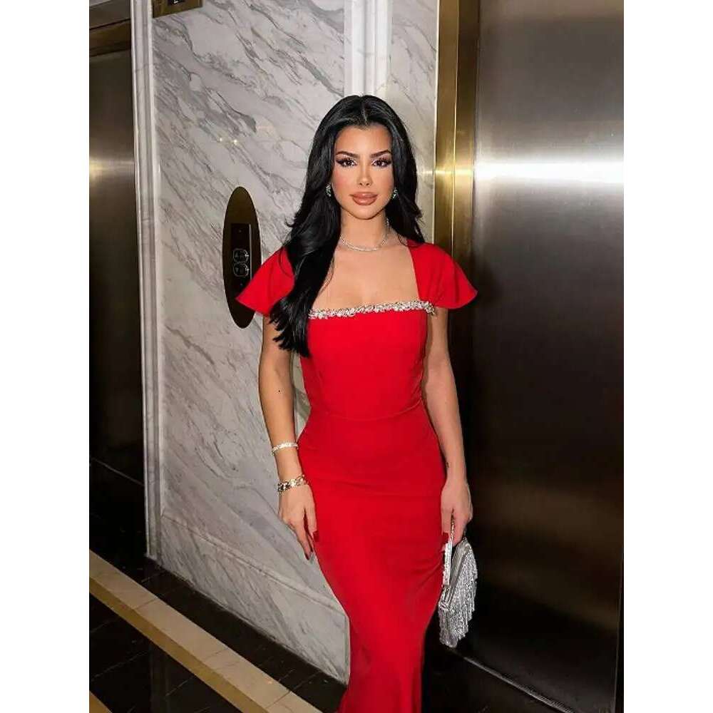 New Women's Short Sleevel Square Neck Dias Bandage Floor Length Bodycon Fashion Celebrity Party Maxi Dress