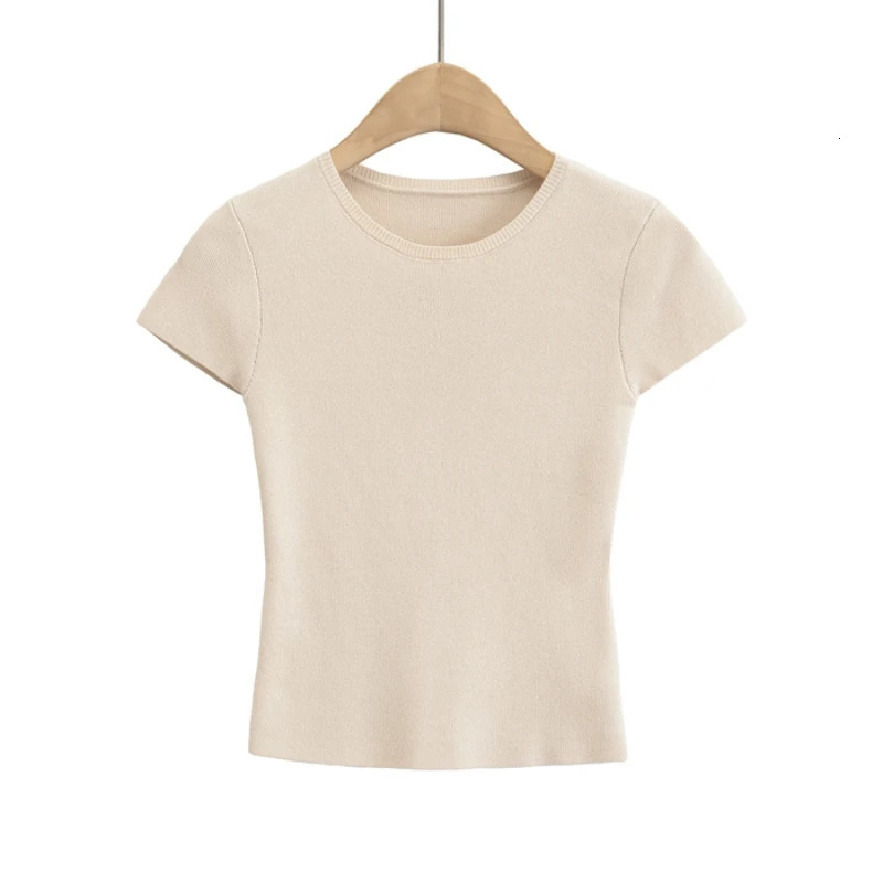 Womens Short Sleeve Crop Top Solid Slim Fit Crew Neck Tee Basic Skinny Knit Tight Athletic Casual Workout Yoga Tshirt 250513