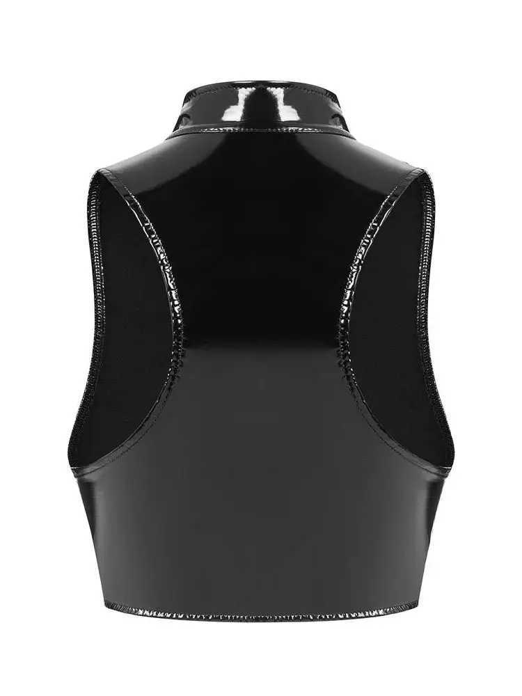 S-3XL Wet Look PVC Bustier Tank Top Shiny PU Leather Crop Tops Sleeveless Zipper Vest Camis Tights Sexy Clubwear Croptop Cropped M250513