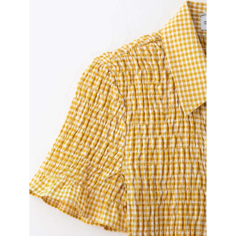 DEEABAE World Brands Dresses 2025 New Yellow French Ruffle Plaid Shirt Slim Pleated Decoration Short Dress