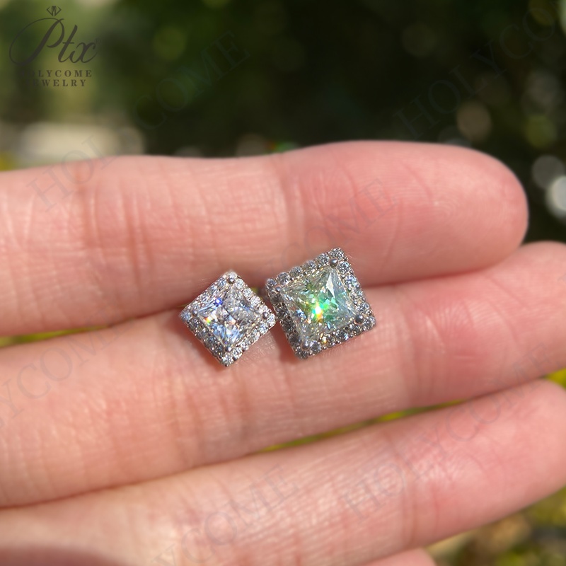 Fashion Moissanite Earrings Luxury S925 Silver D VVS Pass Diamond Tester 1 Carat Princess Cut Halo Studs Women Bridal Jewelry