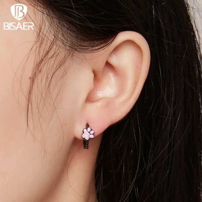 BISAER 100% 925 Sterling Silver Cute Cat Claw Hoop Earrings Black Pink Pet Animal Stud Earring For Women Party Fine Jewelry Gift Y250510