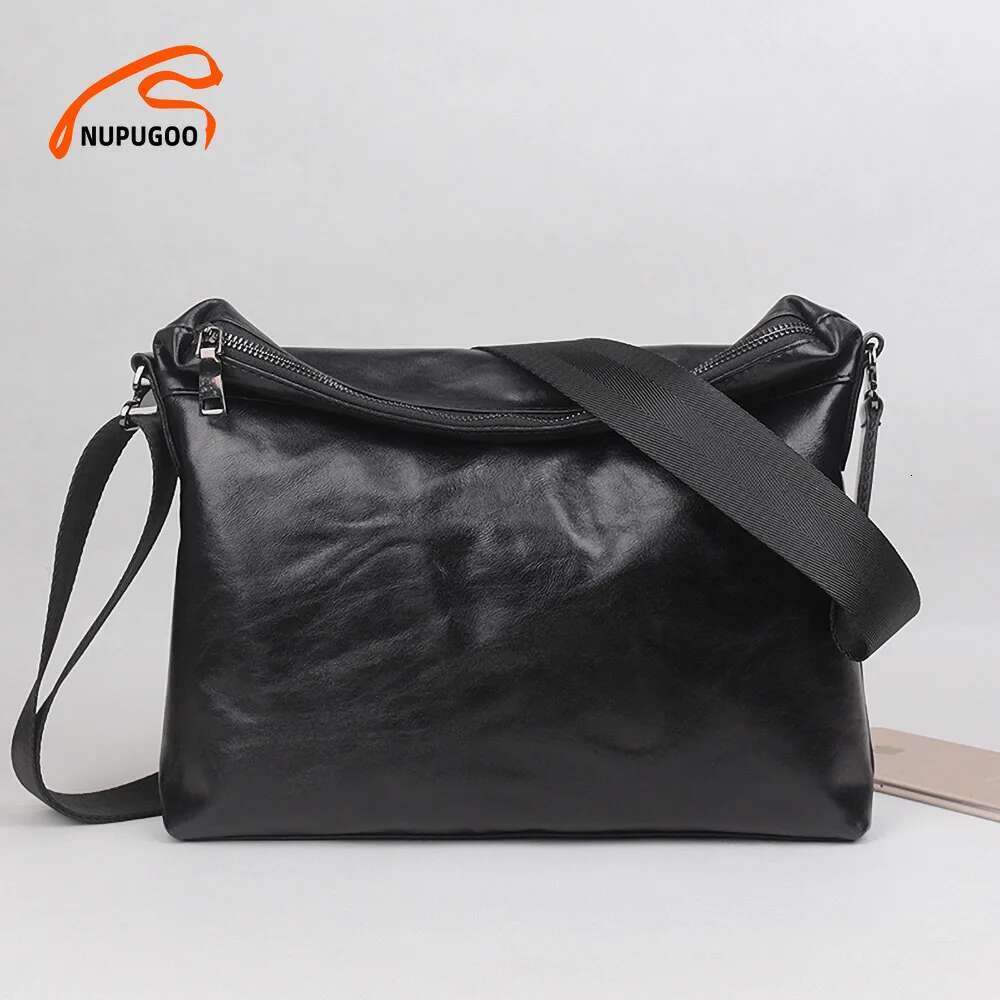 Fashion Men's Shoulder Genuine Leather Casual Crossbody Bag Classic Fold Cover zipper Messenger For 10.5 Inch Ipad NUPUGOO