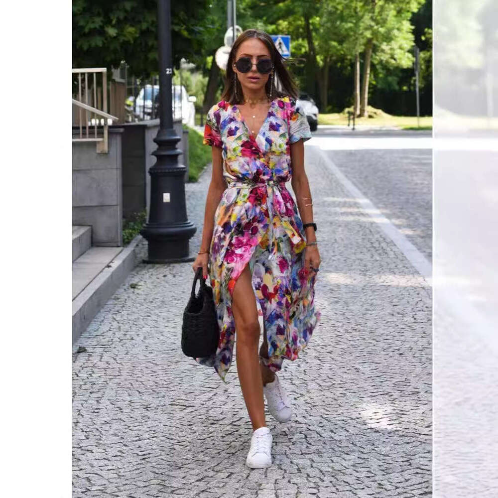 Women Clothes Dress Printed Dress Summer V Neck Split Mid Length Group Women S Clothing KQ