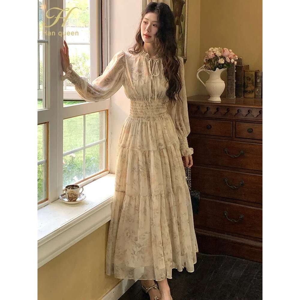 Long Sleeve Casual Beach Holiday Wrap Waist Spring Summer Women's Bohemian Chiffon Printed Dress