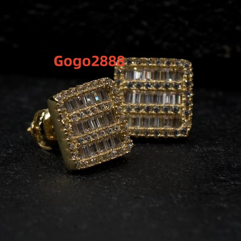 Wholesale Iced Out Jewelry Hip Hop Mens Stud Earrings 925 Silver VVS Baguette Moissanite Earrings