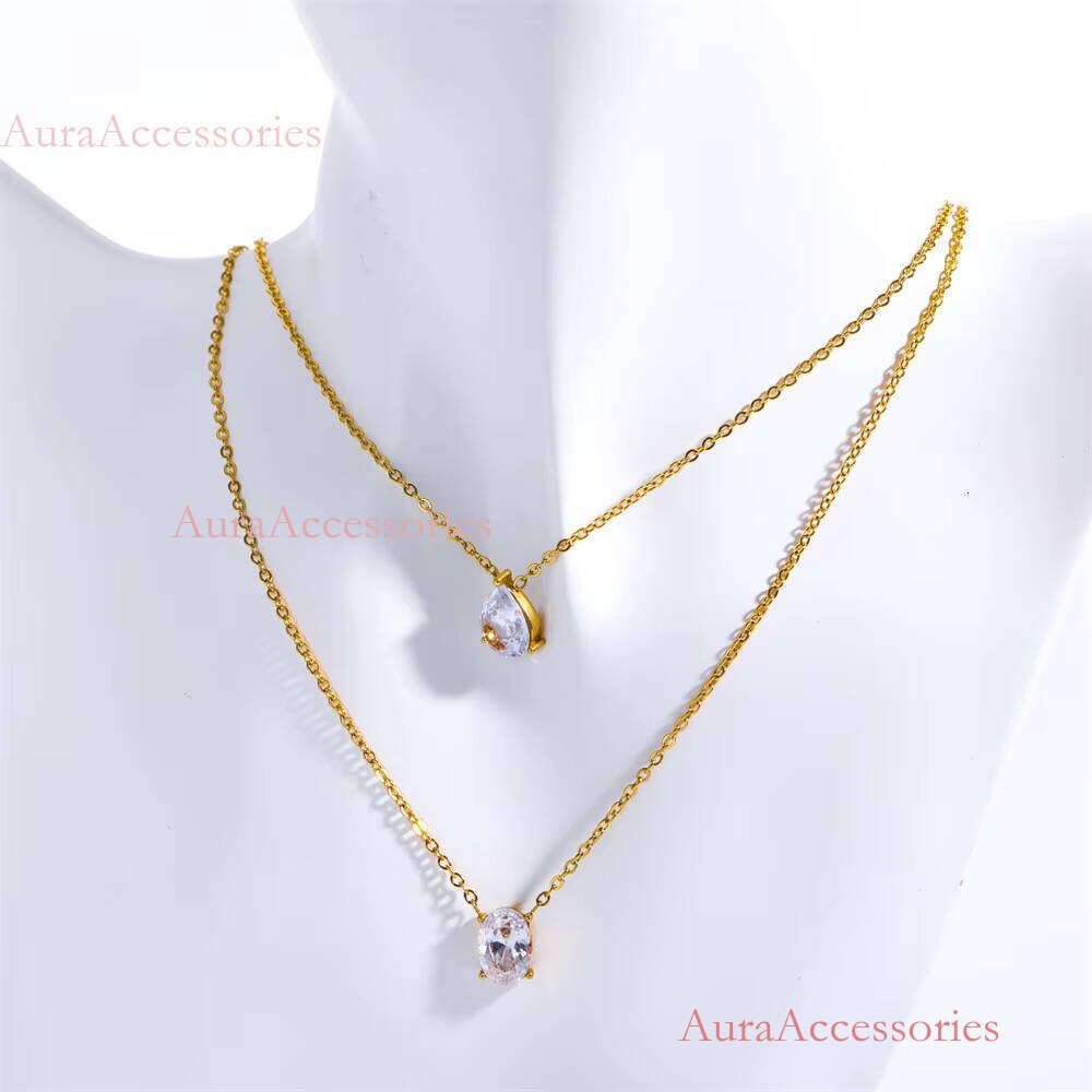 High End Gold Dainty Waterdrop & Oval Zirconia Stainless Steel Pendant Hypoallergenic Waterproof Necklace Fashion Jewe