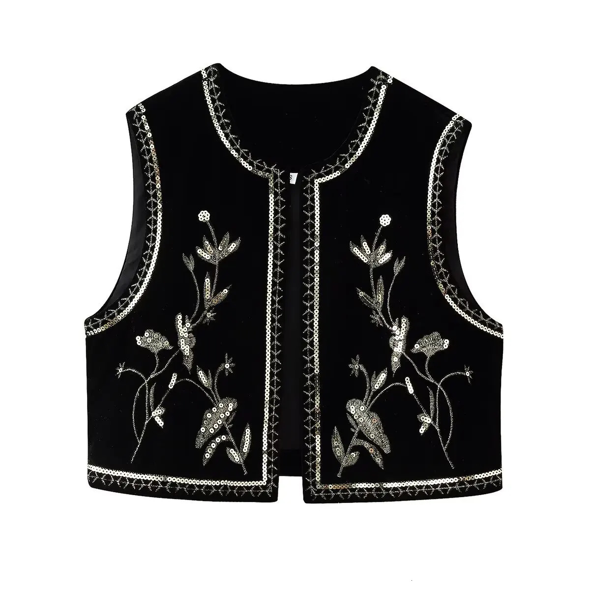 ZBZA Womens Vintage Embroidered Vest Sequined Loose Round Neck Sleeveless Casual Cropped Spring Summer Female Chic Top 250506