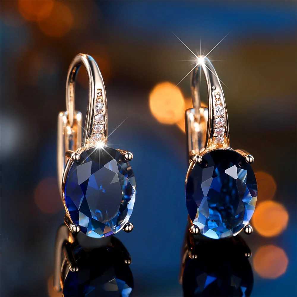 Trendy Crystal Blue Zircon Oval Stone Hoop Earrings For Women Vintage Gold Color Wedding Jewelry Y250510