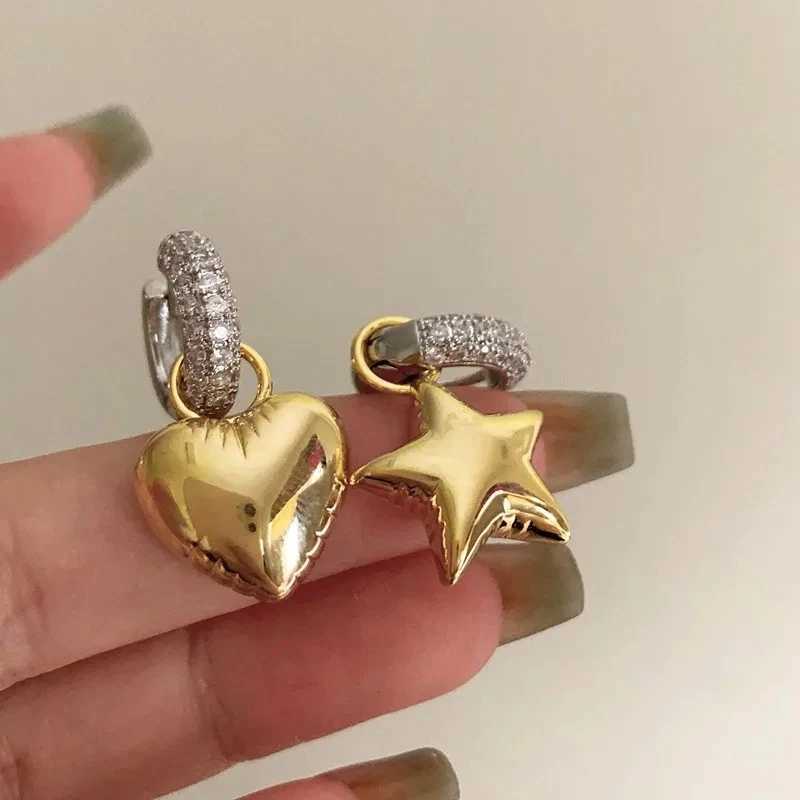 New Vintage Asymmetric Zircon Heart Star Hoop Earrings for Women Luxury Micro Inlaid Crystal Gold Silver Color Earrings Jewelry Y250510