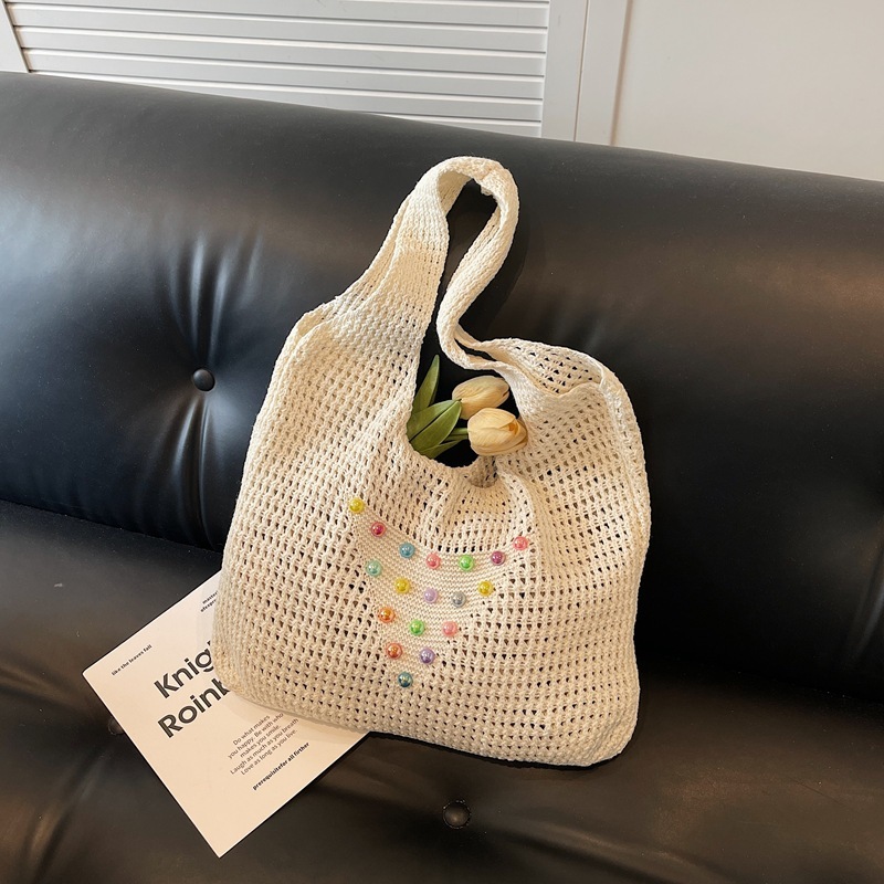 Beach commuting one shoulder tote vacation woven summer colorful pearl hollow out large capacity armpit bag, women's