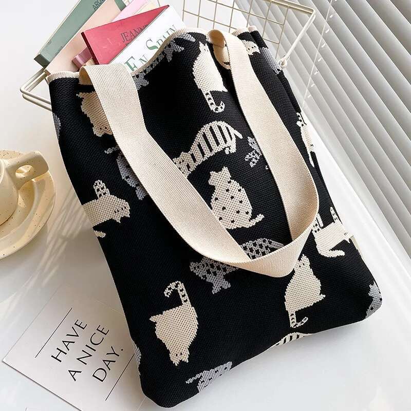 Rainbow Checkerboard Handbag Women's Handmade Knitted Woolen Bucket Japanese Casual Tote Bag Reusable Shopping Bags New