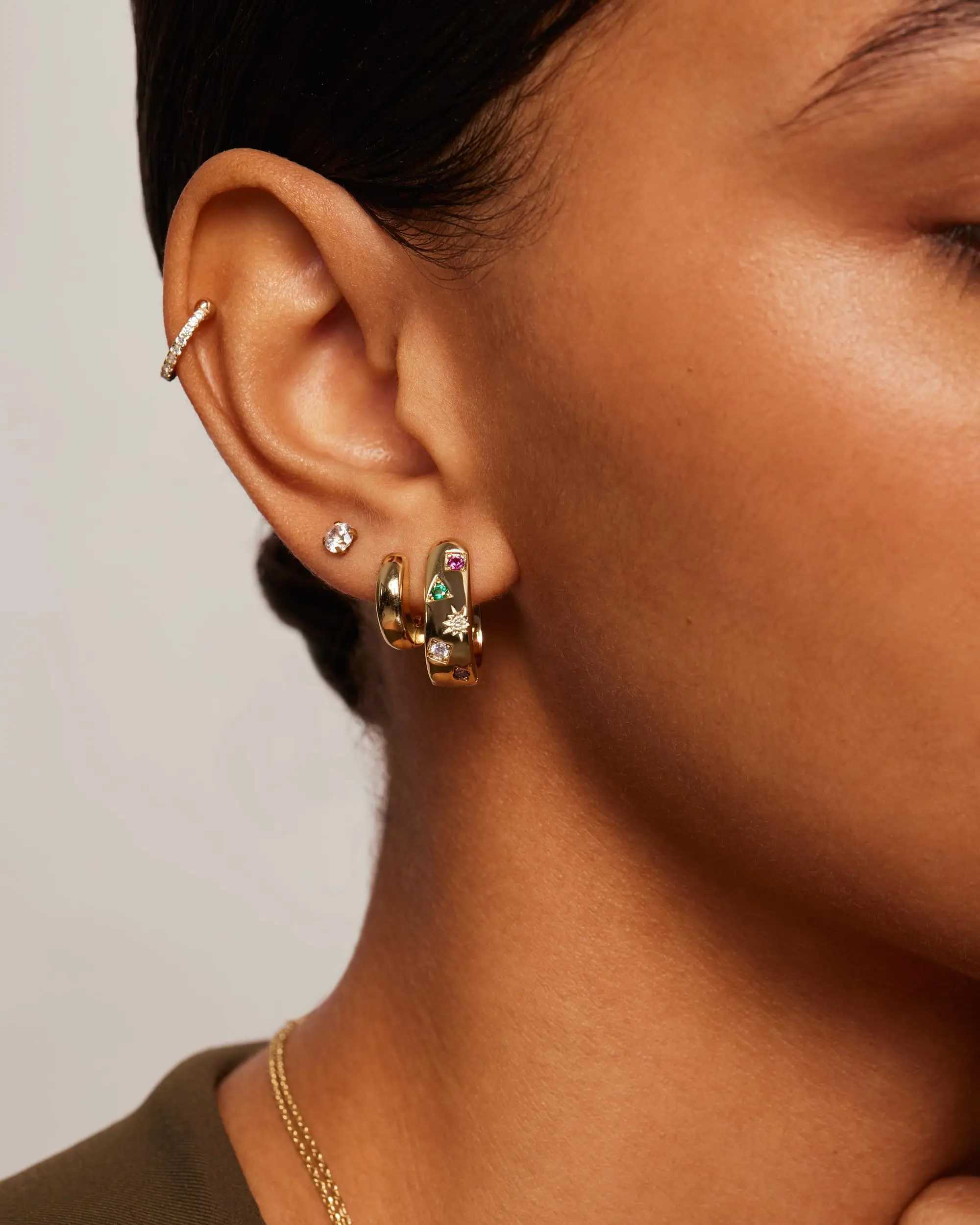 Shevalu 14K Gold Plated 925 Sterling Silver Posts Chunky Huggie Earrings for Women Fashion Multi-Colored Cubic Zirconia Earrings Y250510