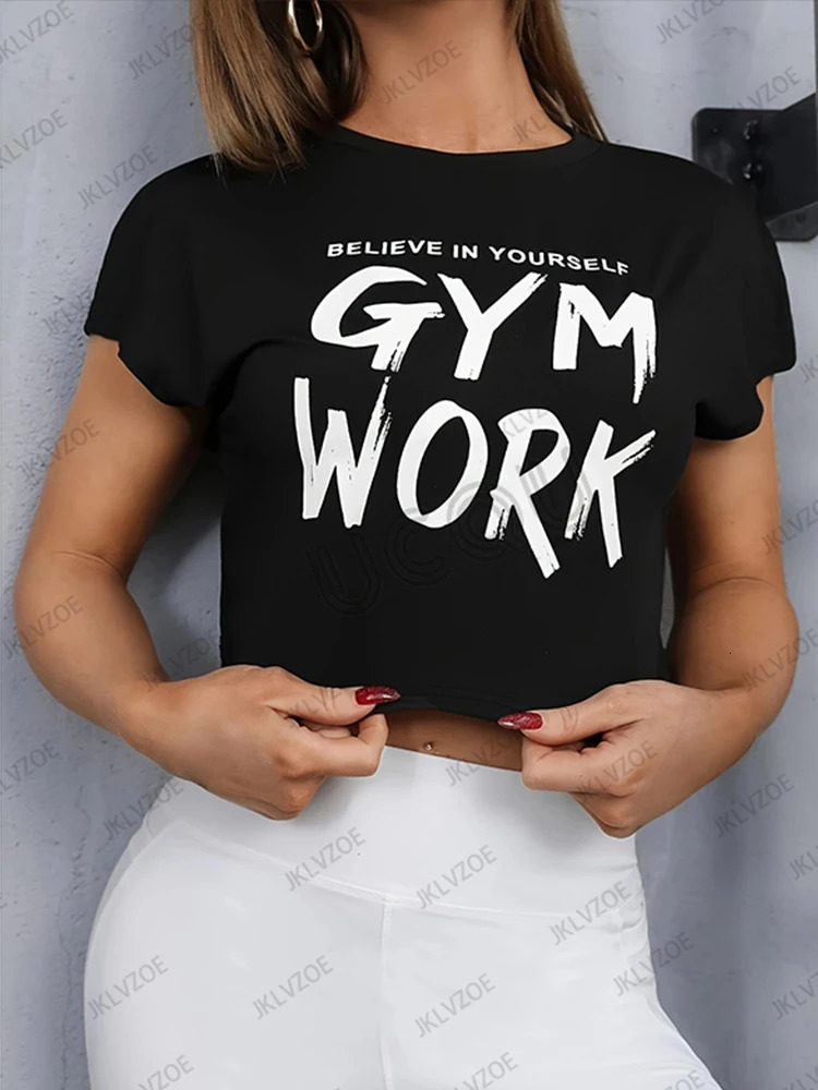Arriavl Fitness Crop Top Summer Short Sleeve ONeck Tshirt For Women Gym Work Printed Sports Tees Casual Y2k Tops 250513