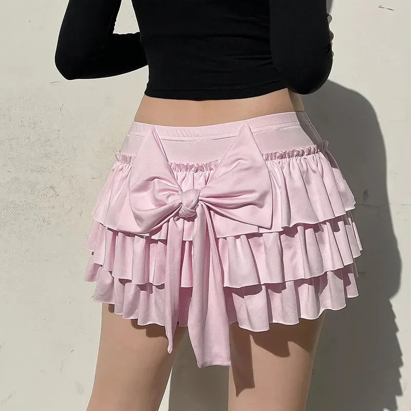 Bow Sweet ALine Skirts Women Sexy Slim LowWaist Casual Mini Y2K Female Summer Fashion Streetwear AllMatch Pink 250513