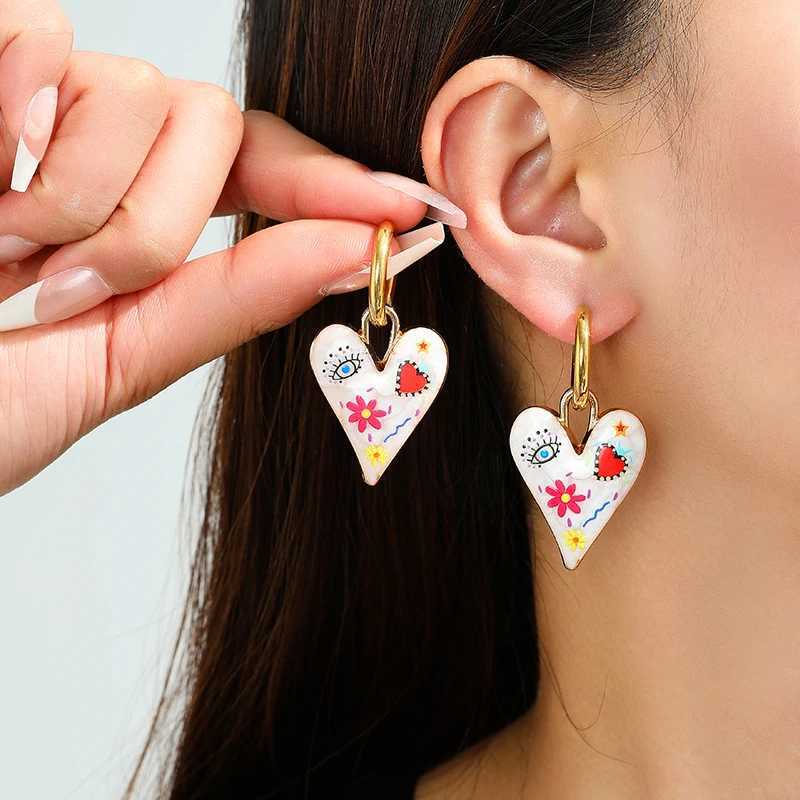 New Trendy Cute Heart Eye Stainless Steel Hoop Earrings For Women Colorful Vintage Enamel Gold Color Pendant Love Female Jewelry Y250510