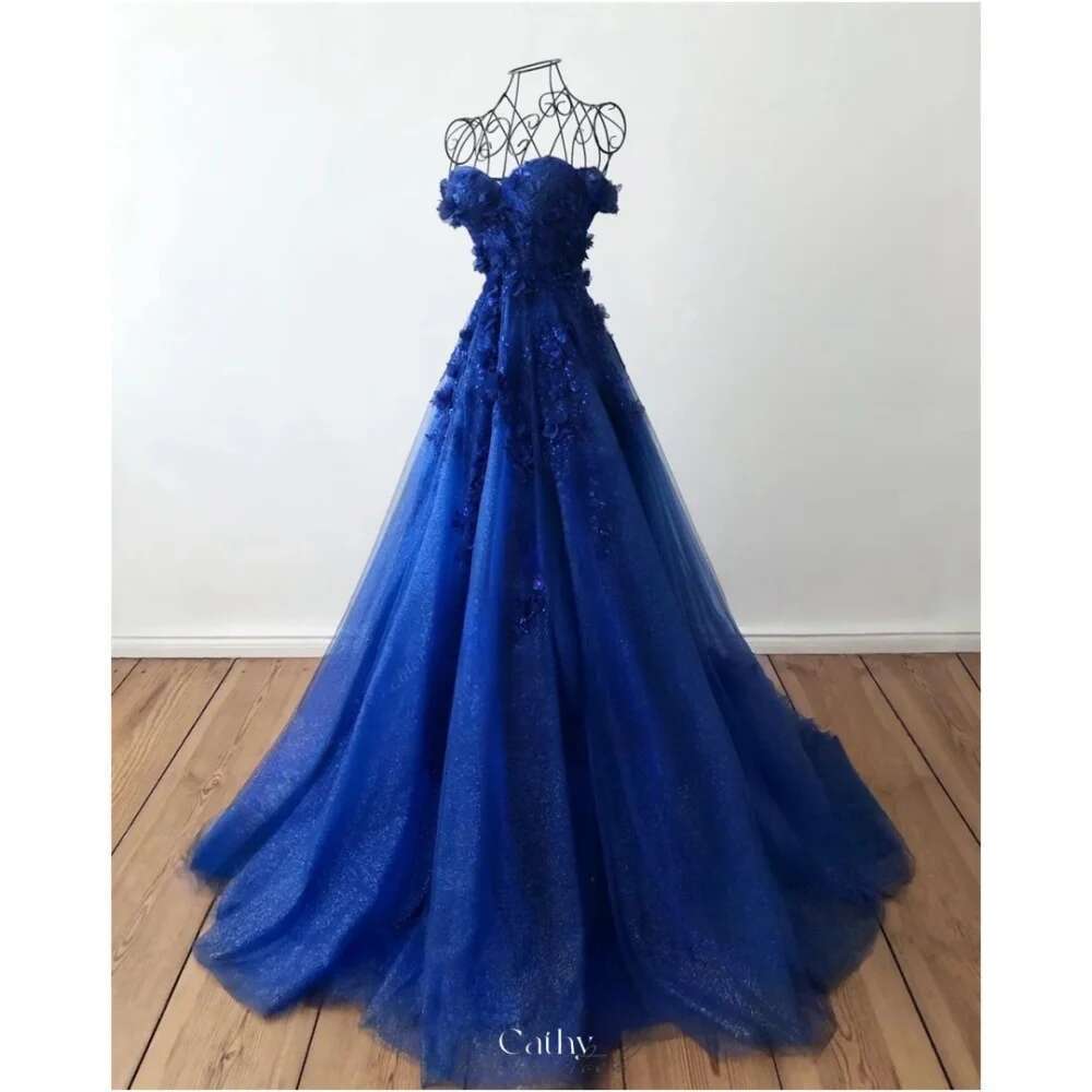 Cathy 3D Flowers Embroidery Strapless Wedding Dresses A-line Mesh Fabric Sleeveless vestidos de noche Form Formal Evening
