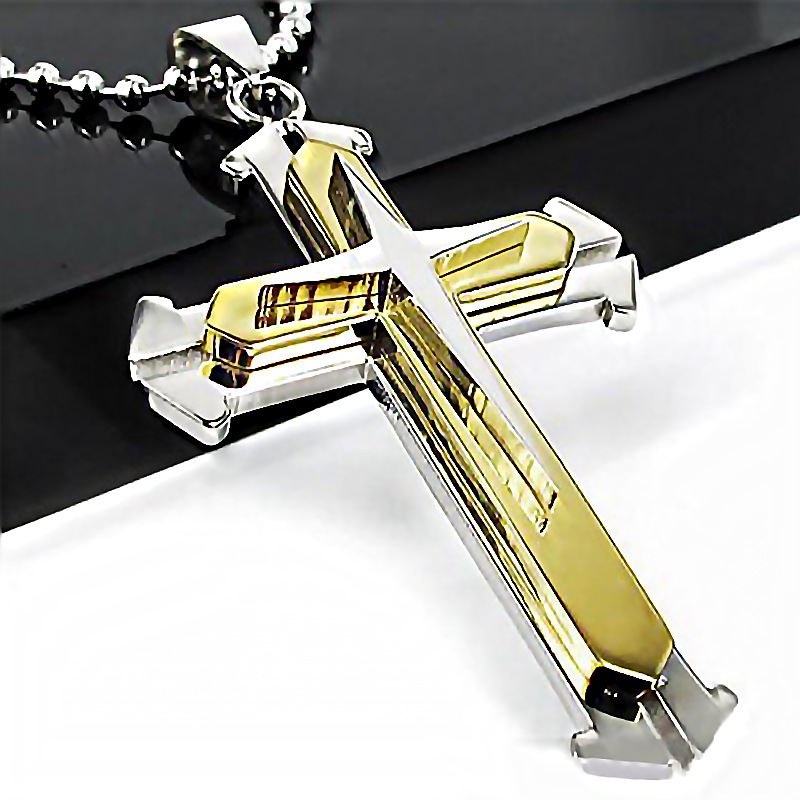 Three-Layer Stainless Steel Wave Design Jesus Cross Pendant Necklace - Unisex Titanium Alloy Religious Accessory