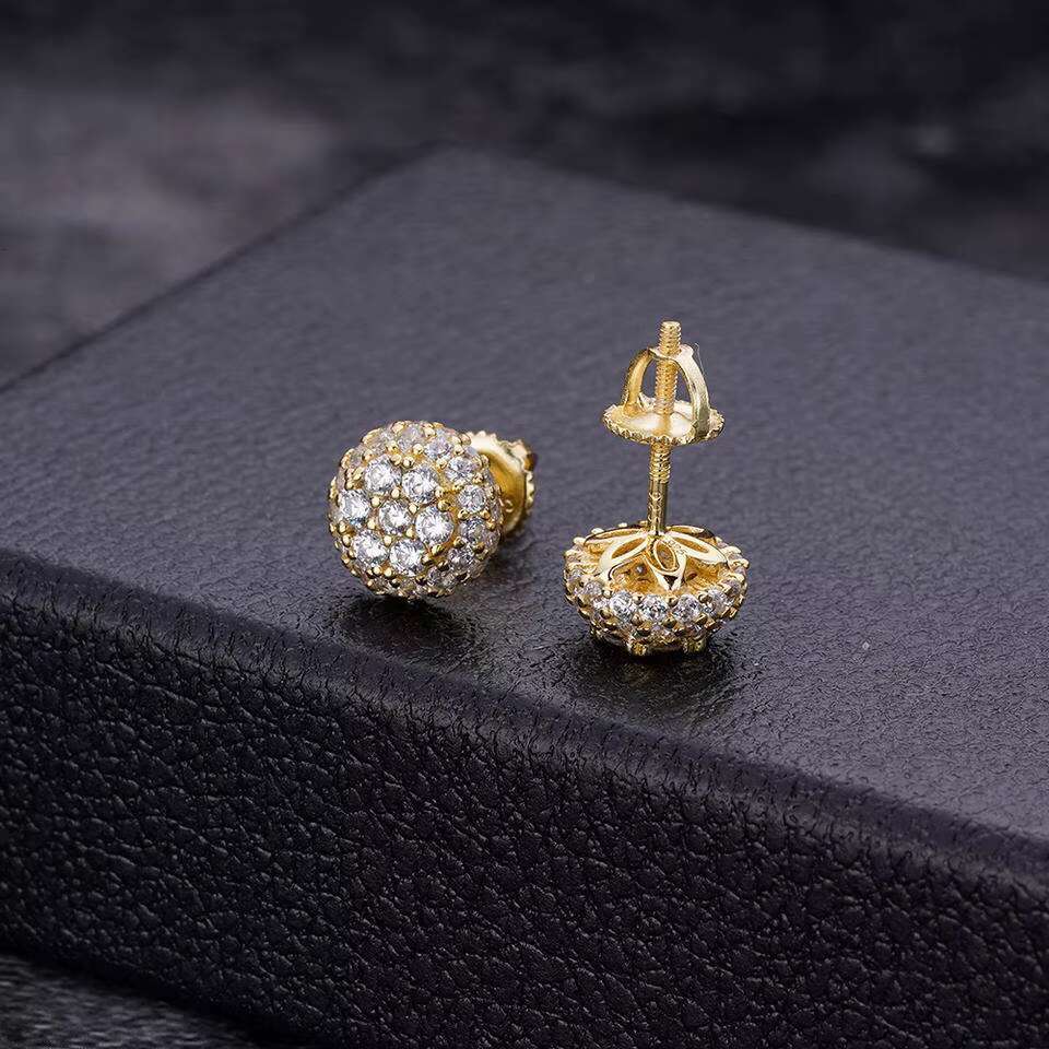 Fine Hip Hop Jewelry Gold Plated 9mm Iec Out VVS Moissanite Diamond 925 Sterling Silver Round Screw Back Stud Earrings for Men