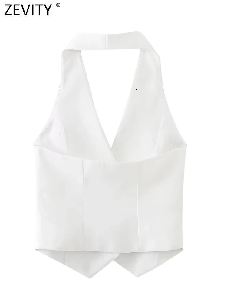 Zevity Women Fashion Single Breasted Flower n White Halter Vest Jacket Office Ladies Sleeveless Crop WaistCoat Tops CT4438 250506