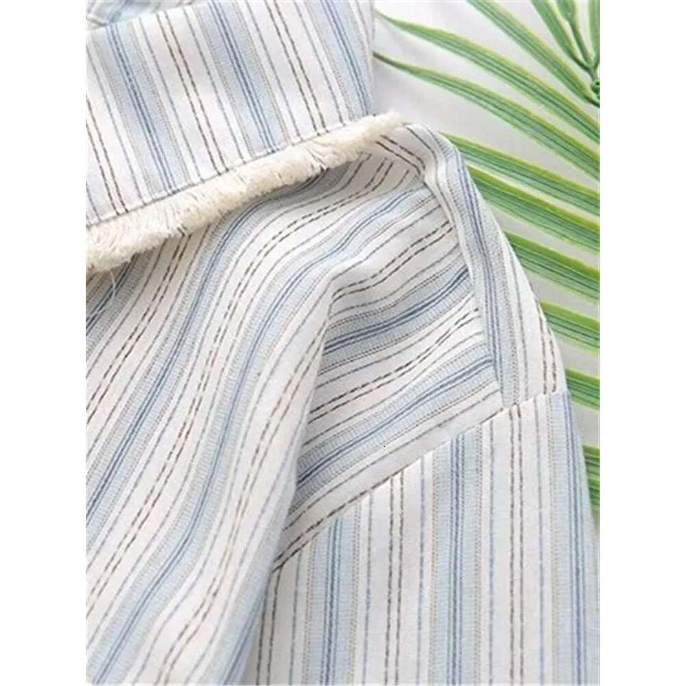 Plus Size Women's Clothing Spring Long-Sleeved Vertical Striped Cotton Linen Washed Shirt With Raw Edges And Tassels