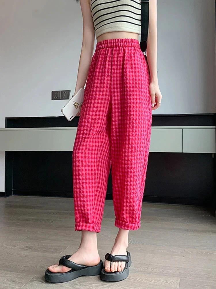 Casual Hip-hop Street Harlan Pants Summer Cotton Linen Loose Cropped Pants Women Wide Leg Red Black White Checkered Long Pants